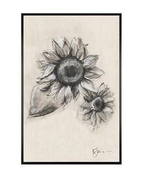 Charcoal Sunflower Sketch, Sunflower with Stem, 11" x 13" Wood Gallery, Black, Mat - Image 0