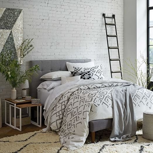 Grid Tufted Headboard + Tapered Leg - Low, Queen, Heathered Crosshatch, Feather Gray - Image 2