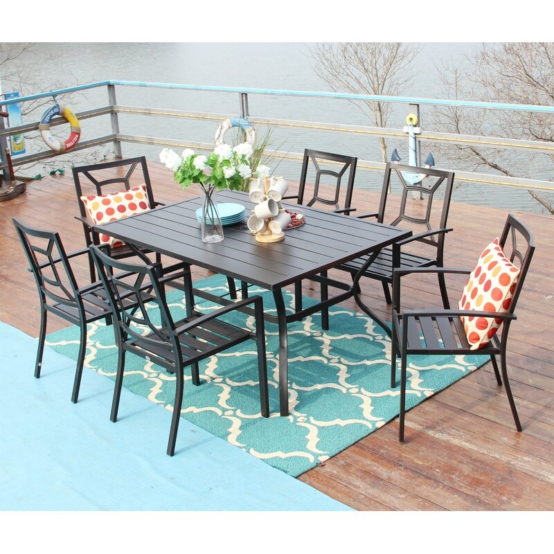 Phivilla 7 Piece Metal Outdoor Patio Dining Bistro Sets With Umbrella Hole - 60.2" X 37.8" Rectangle Patio Table And 6 Backyard Garden Outdoor Chairs, Black - Image 0