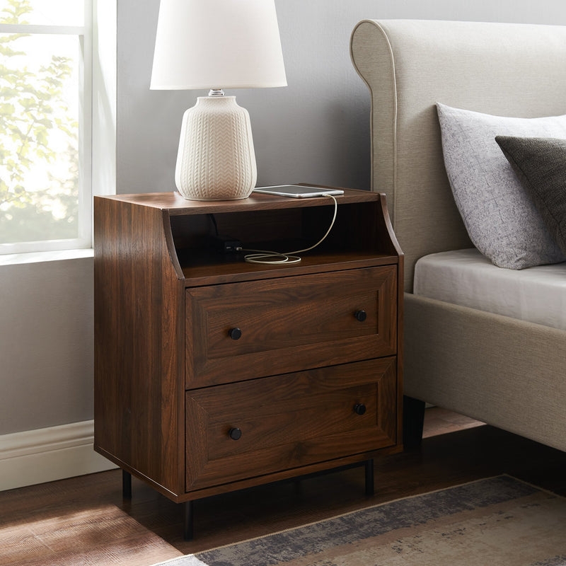 Lisa 22" Curved Open Top 2 Drawer Nightstand with USB - Dark Walnut - Image 1