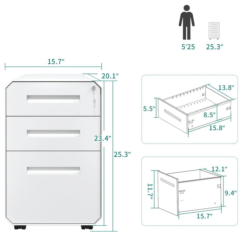 Domerese 15.7'' Wide 3 -Drawer Mobile Steel Vertical Filing Cabinet - Image 3