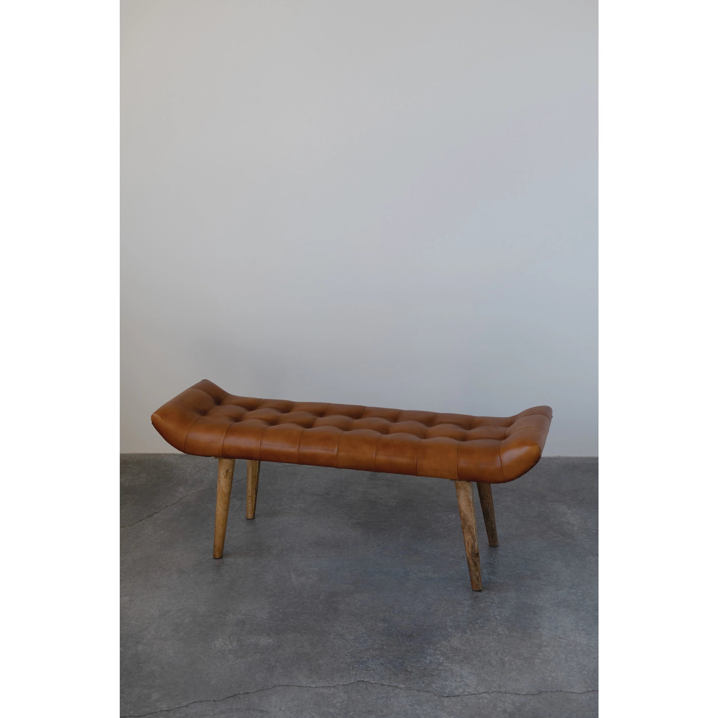 Leather Tufted Bench with Mango Wood Legs - Image 1