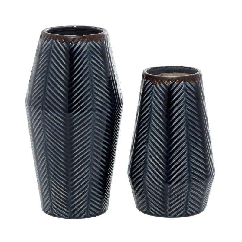Set Of 2 Dark Blue Ceramic Contemporary Vase 11", 8"H - Image 2