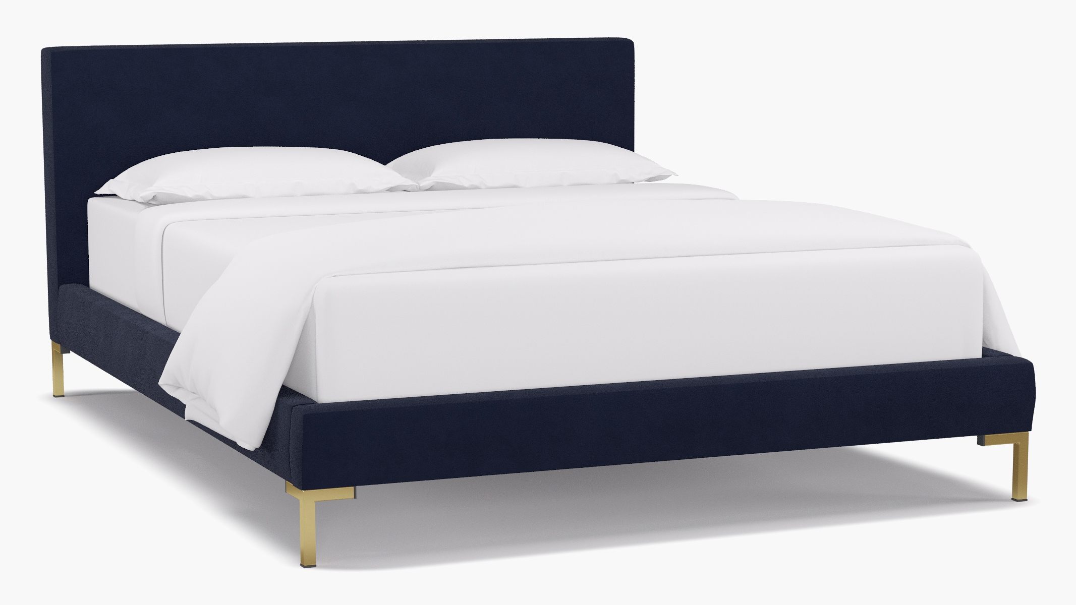 Modern Platform Bed - Navy Velvet - Queen - Brass - Image 1