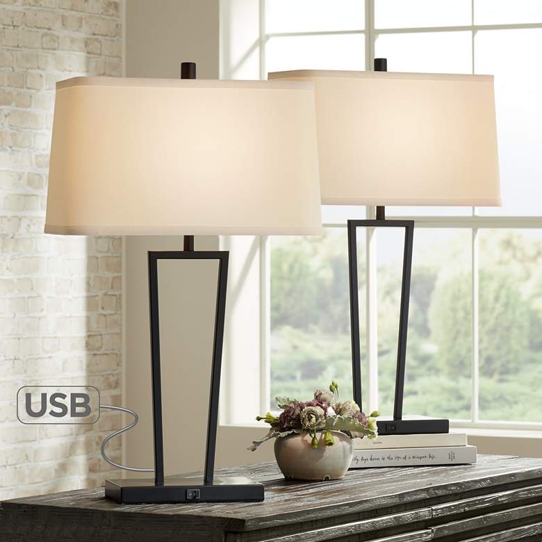 Cole Black Metal Table Lamps with USB Port Set of 2 - Image 1