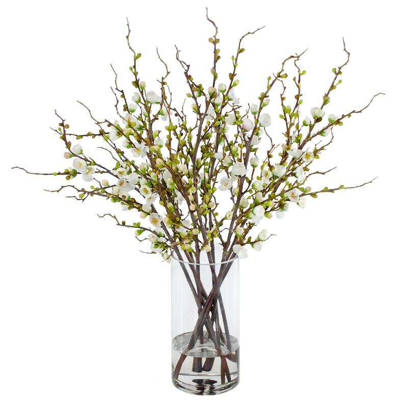 Peach Blossom Branches Floral Arrangement in Glass Cylinder Vase - Image 0