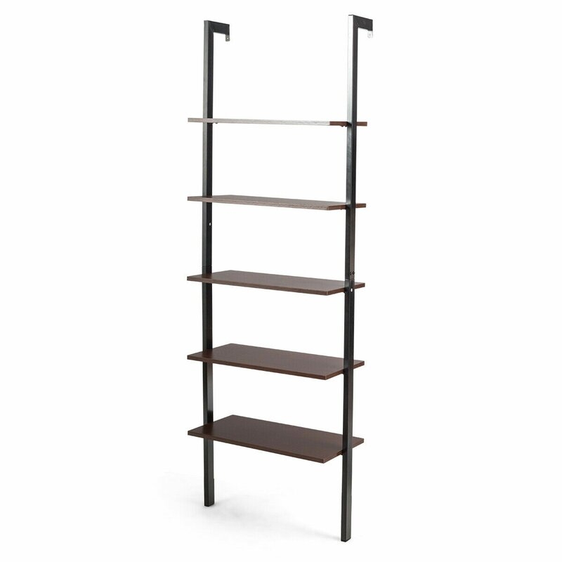 5-tier Ladder Shelf Wood Wall Mounted Bookshelf, Metal Frame Display Shelf - Image 4