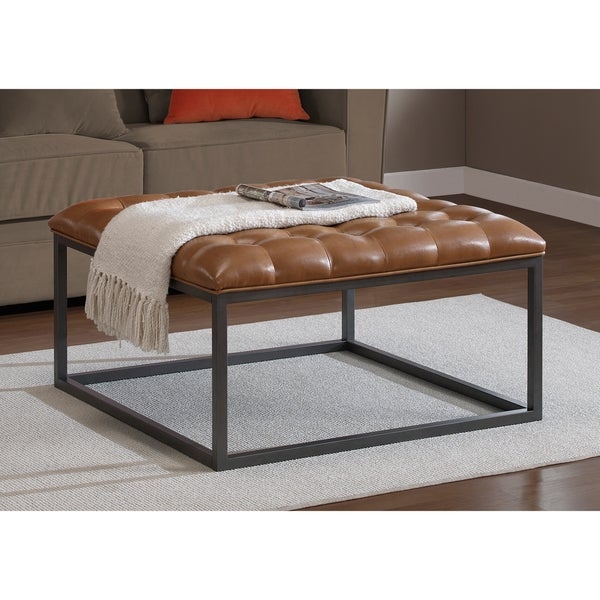 Healy Saddle Brown Leather Tufted Ottoman - Image 0