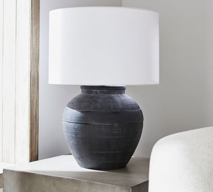 Faris Ceramic 21" Table Lamp, Matte Black Base with Large Textured Shade, Ivory - Image 2