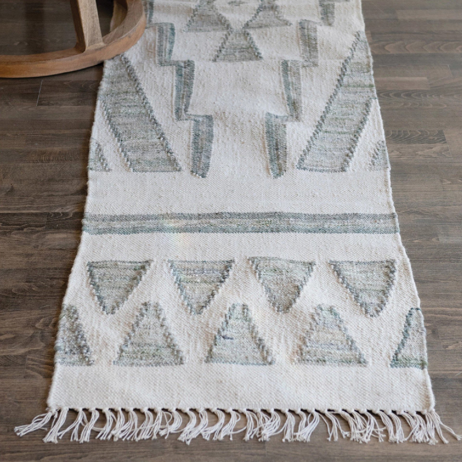 Hand-Woven Cotton & Wool Kilim Floor Runner, Variegated Green & Cream Color - Image 1