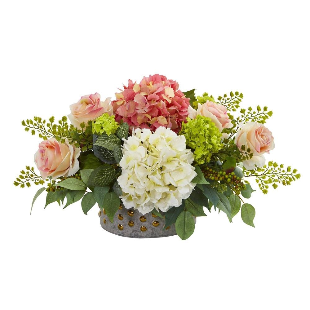 16.5” Rose, Hydrangea and Maiden Hair Artificial Arrangement in Bowl with Gold Trimming - Image 0