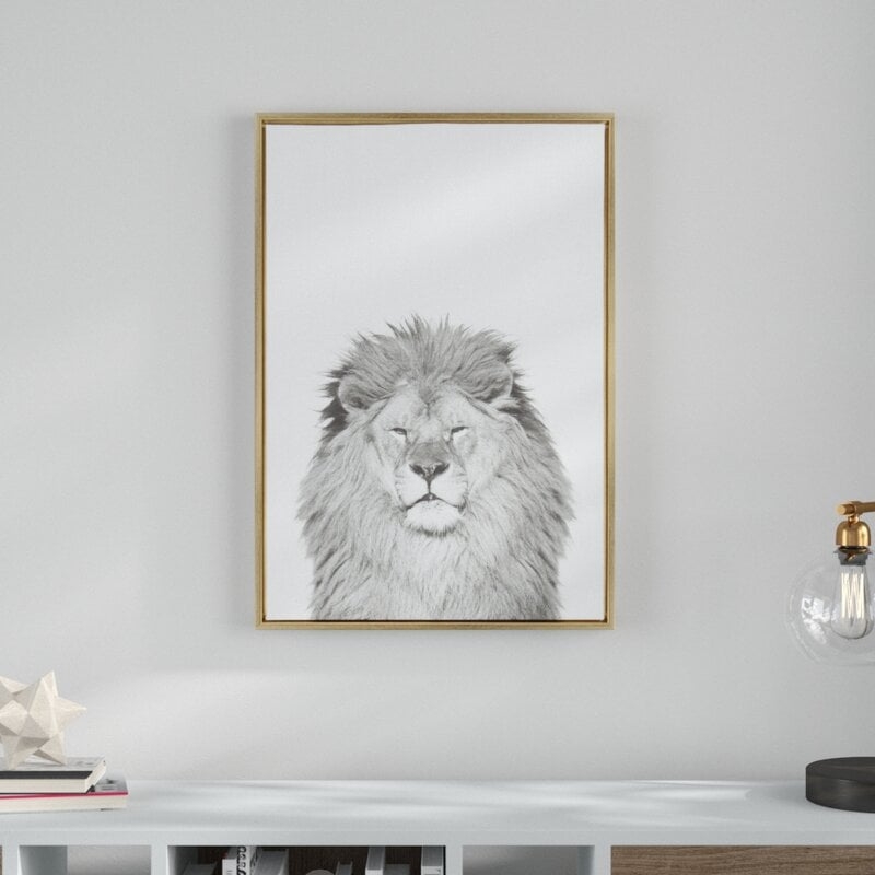 'Lion Animal Print Black and White Portrait' Framed Photographic Print on Wrapped Canvas - Image 0