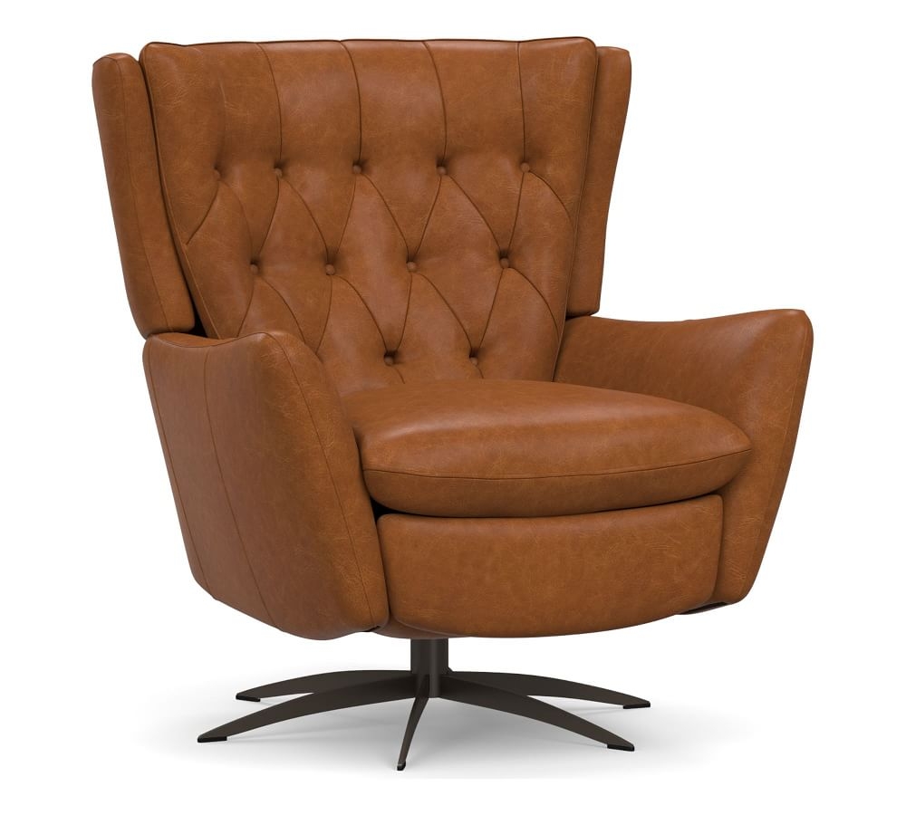 Wells Leather Swivel Recliner with Bronze Base, Polyester Wrapped Cushions Statesville Caramel - Image 0