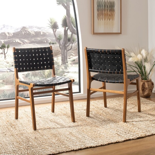 Taika Woven Leather Dining Chair (Set of 2) - Black/Natural - Arlo Home - Image 3