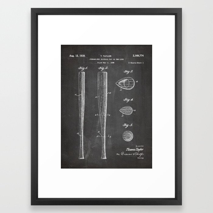 Baseball Bat Patent - Baseball Art - Black Chalkboard Framed Art Print - Image 0