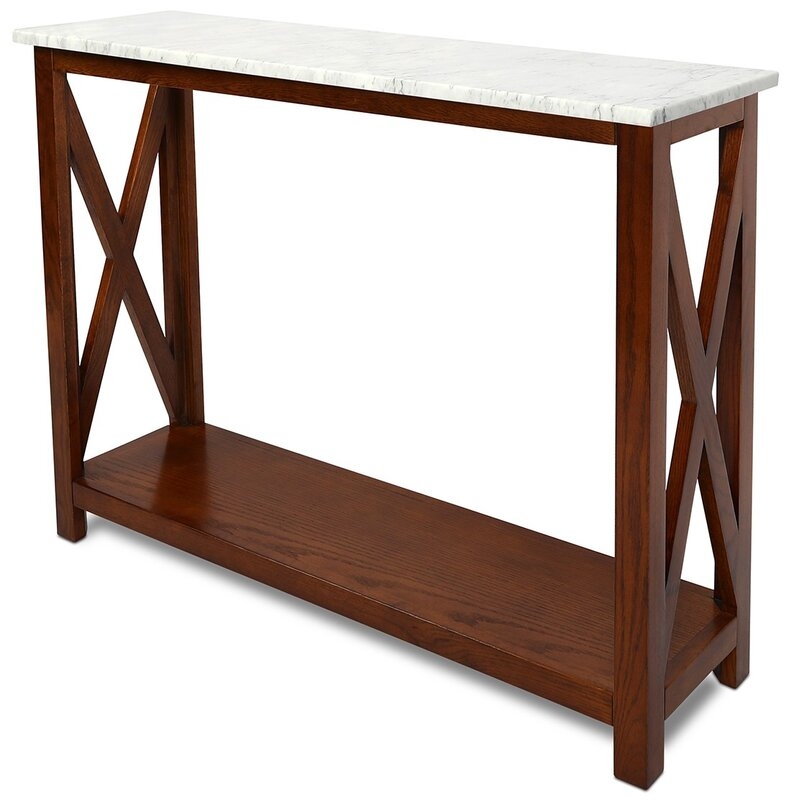 Meith 39" Rectangular Italian Carrara White Marble Console Table With Walnut Color Solid Wood Legs - Image 2