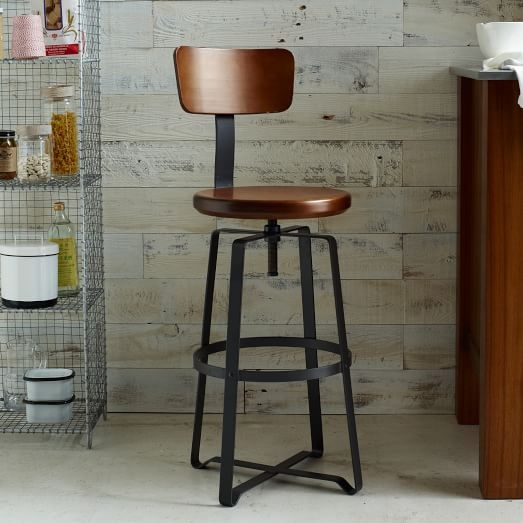 Adjustable Industrial Stool With Back, Natural/Raw Steel - Image 1