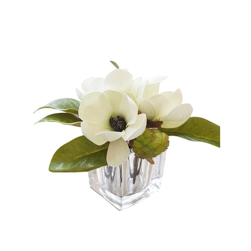 Silk Magnolia Floral Arrangement in Cube Glass Vase - Image 0