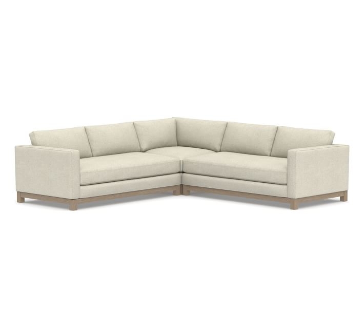 Jake Upholstered 3-Piece L-Shaped Corner Sectional 2x1, Bench Cushion, with Wood Legs, Polyester Wrapped Cushions, Performance Heathered Basketweave Alabaster White - Image 0