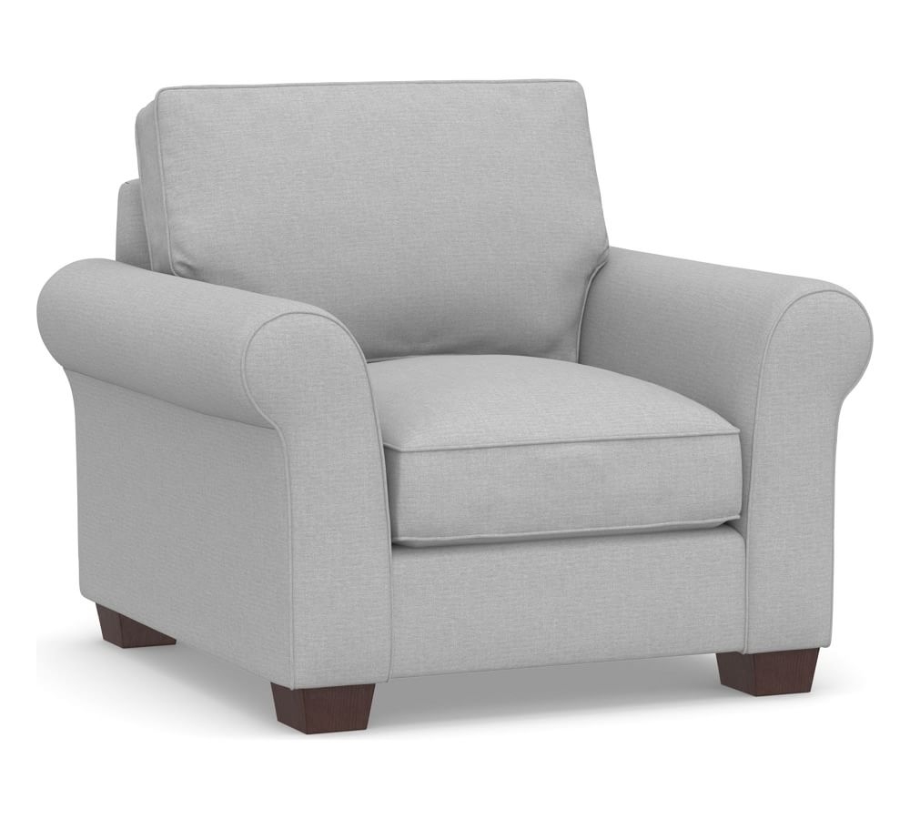 PB Comfort Roll Arm Upholstered Armchair 41.5", Box Edge Down Blend Wrapped Cushions, Brushed Crossweave Light Gray - Image 0