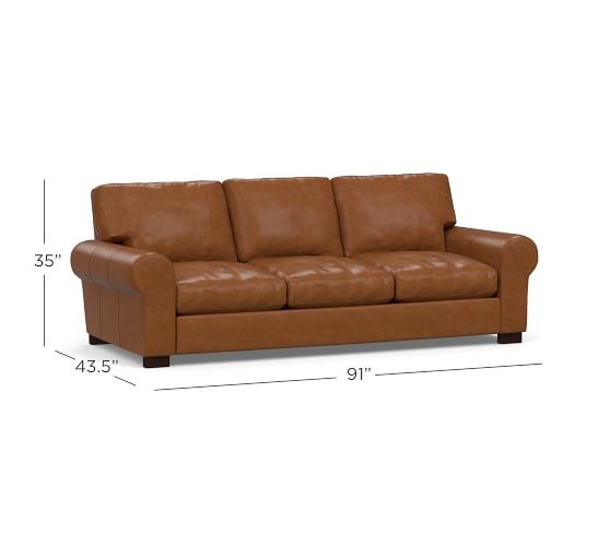 Turner Roll Arm Leather Sofa 91", Down Blend Wrapped Cushions, 3 Seater,  Vintage Caramel - Image 2