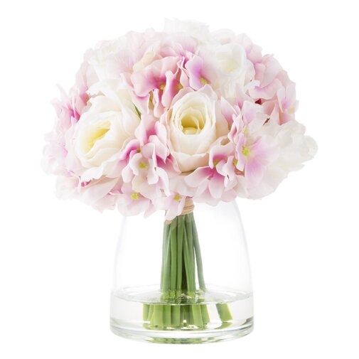 Hydrangea and Rose Floral Arrangement in Glass Vase - Image 1