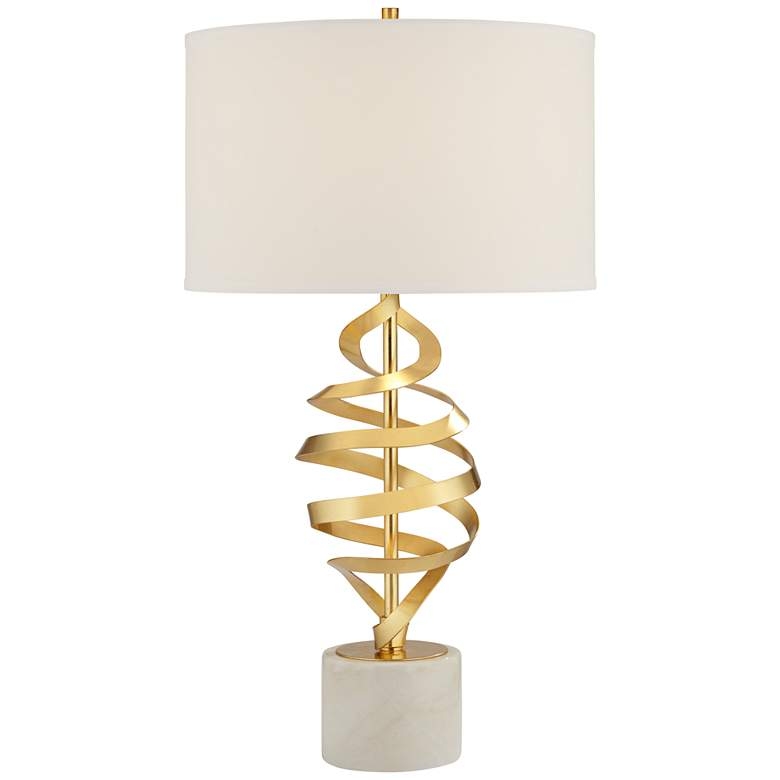 Possini Euro Helix Brass and White Marble Modern Table Lamp with Dimmer - Image 0