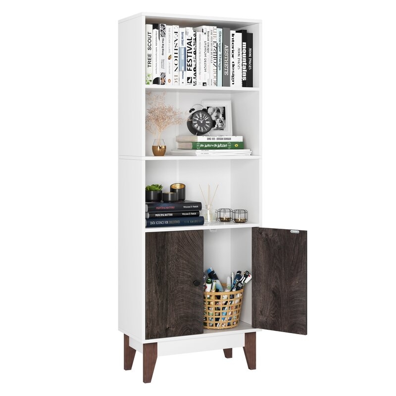4 Tier Bookcase Storage Cabinet, 64.2 In Height Wooden Bookshelf With 2 Doors And 3 Shelves, Free Standing Floor Side Display Cabinet Decor Furniture For Home Office, White And Wood Grain - Image 4