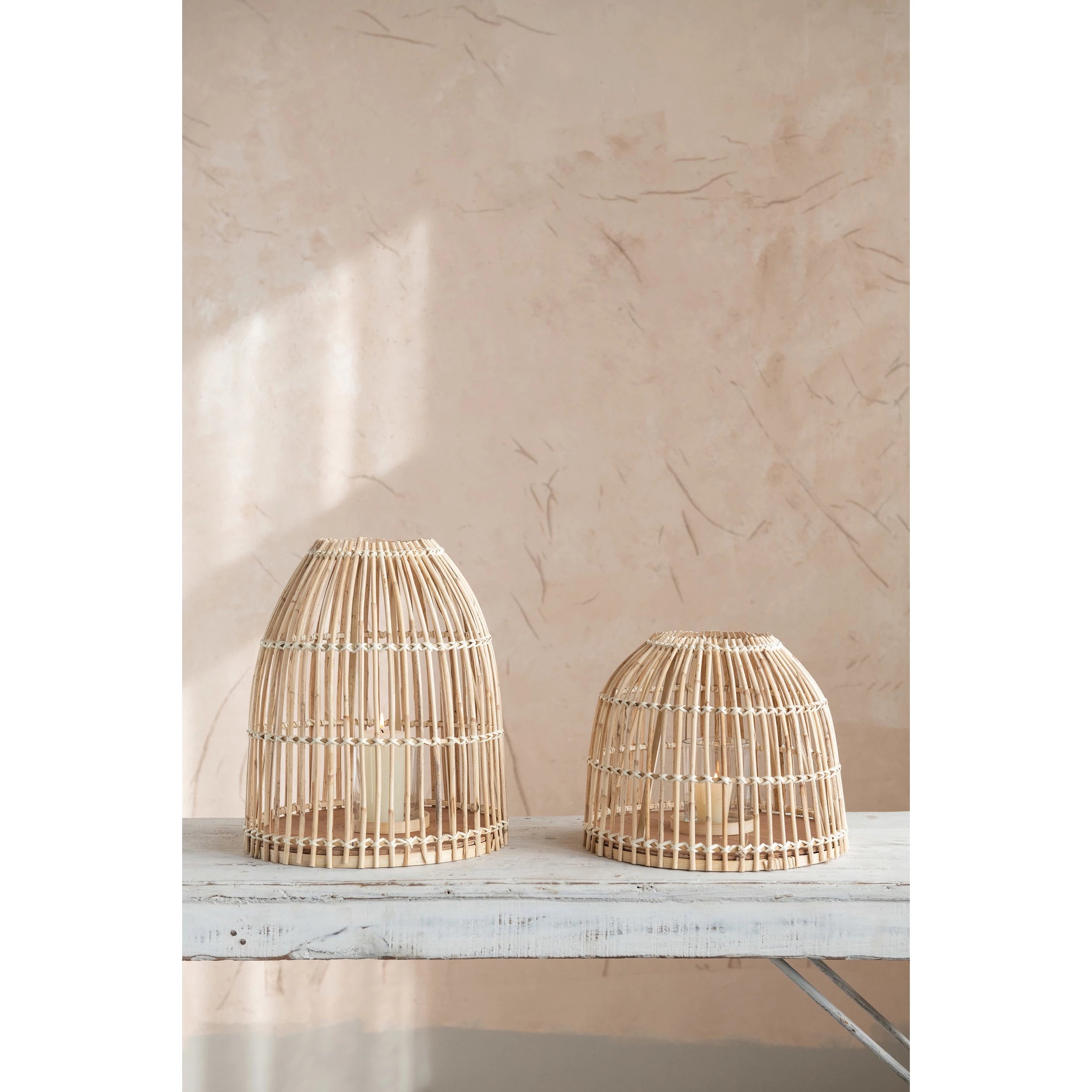Bamboo Lanterns with Glass Inserts, Set of 2 - Image 1