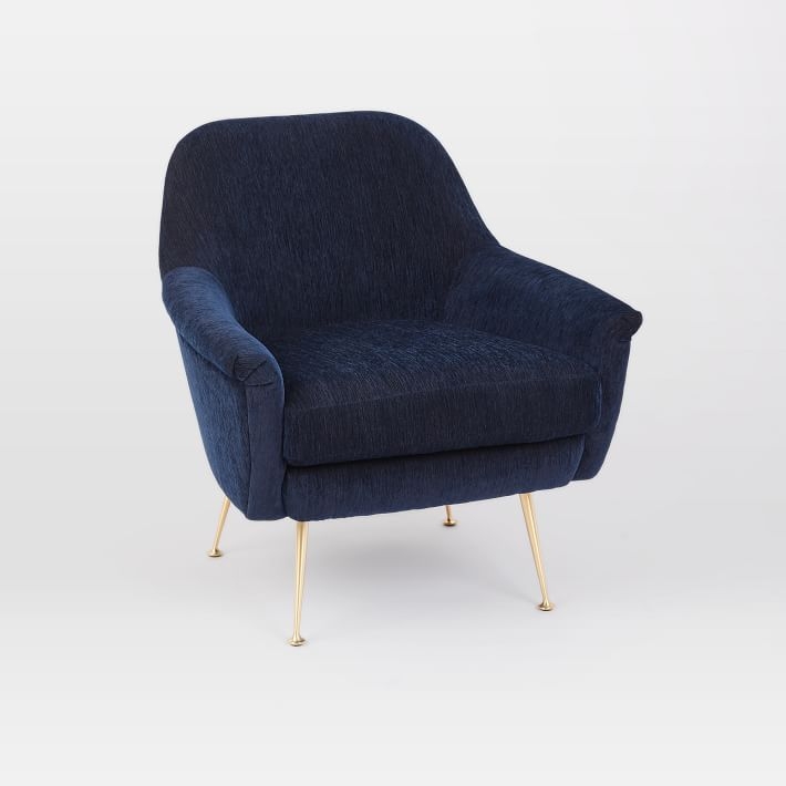Phoebe Midcentury Chair, Ink Blue Distresed Velvet Brass, Poly - Image 0