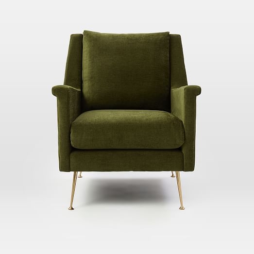 Carlo Mid-Century Chair, Poly, Distressed Velvet, Olive, Brass UPS - Image 2