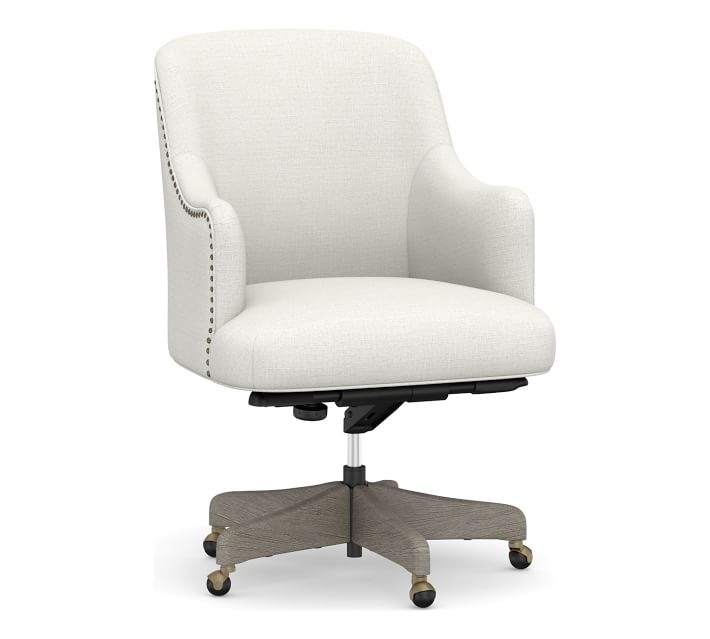 Reeves Upholstered Swivel Desk Chair, Gray Wash Base, Basketweave Slub Ivory - Image 0