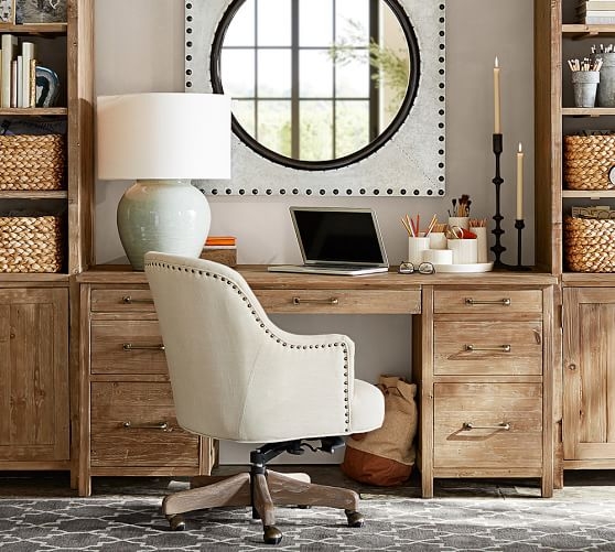 Reeves Upholstered Swivel Desk Chair, Gray Wash Frame, Linen Blend Oatmeal - Image 4