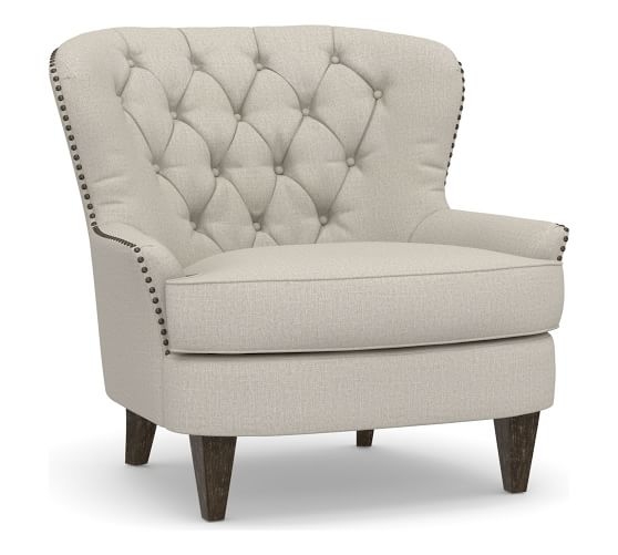 Cardiff Upholstered Tufted Armchair, Polyester Wrapped Cushions, Performance Heathered Tweed Pebble - Image 0