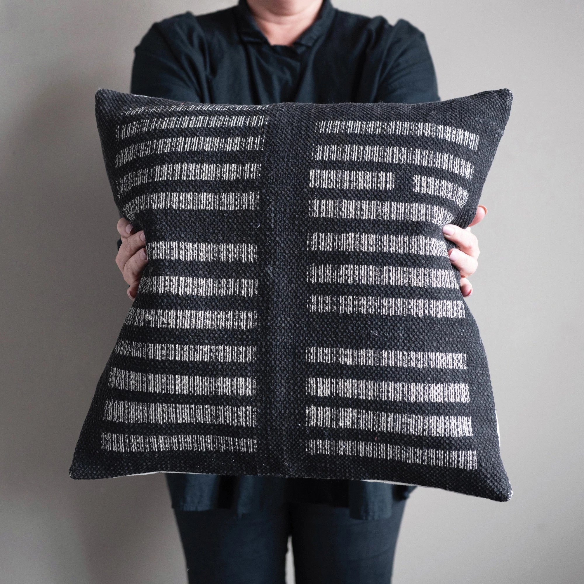20" x 20" Boho Stripe Woven Cotton Pillow, White & Black, - Image 1