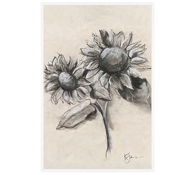Charcoal Sunflower Sketch, Sunflower With Stem, 28" X 42" Wood Gallery, White, No Mat - Image 3