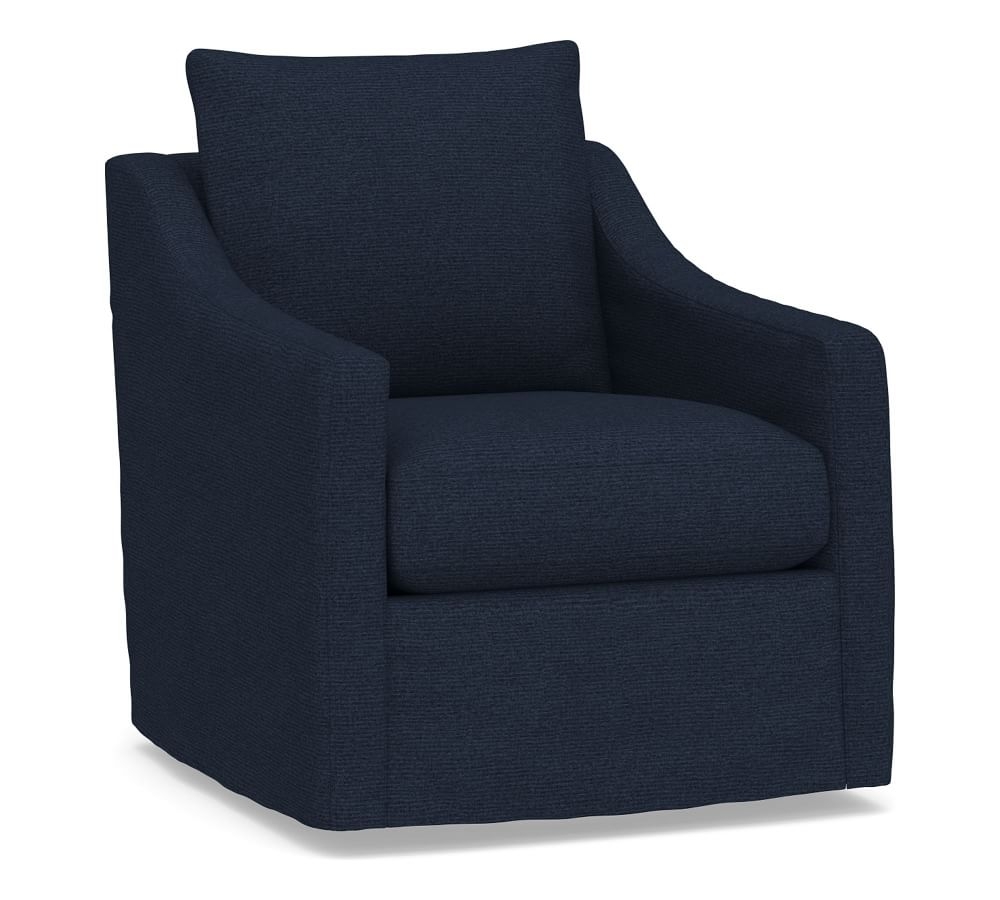 Ayden Slope Arm Slipcovered Swivel Glider, Polyester Wrapped Cushions, Performance Heathered Basketweave Navy - Image 0