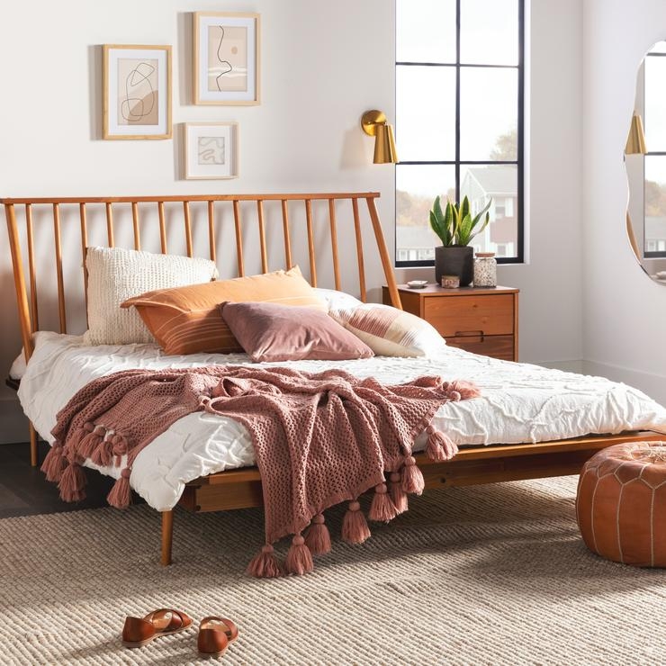 King Mid Century Modern Solid Wood Spindle Platform Bed - Caramel - Image 4
