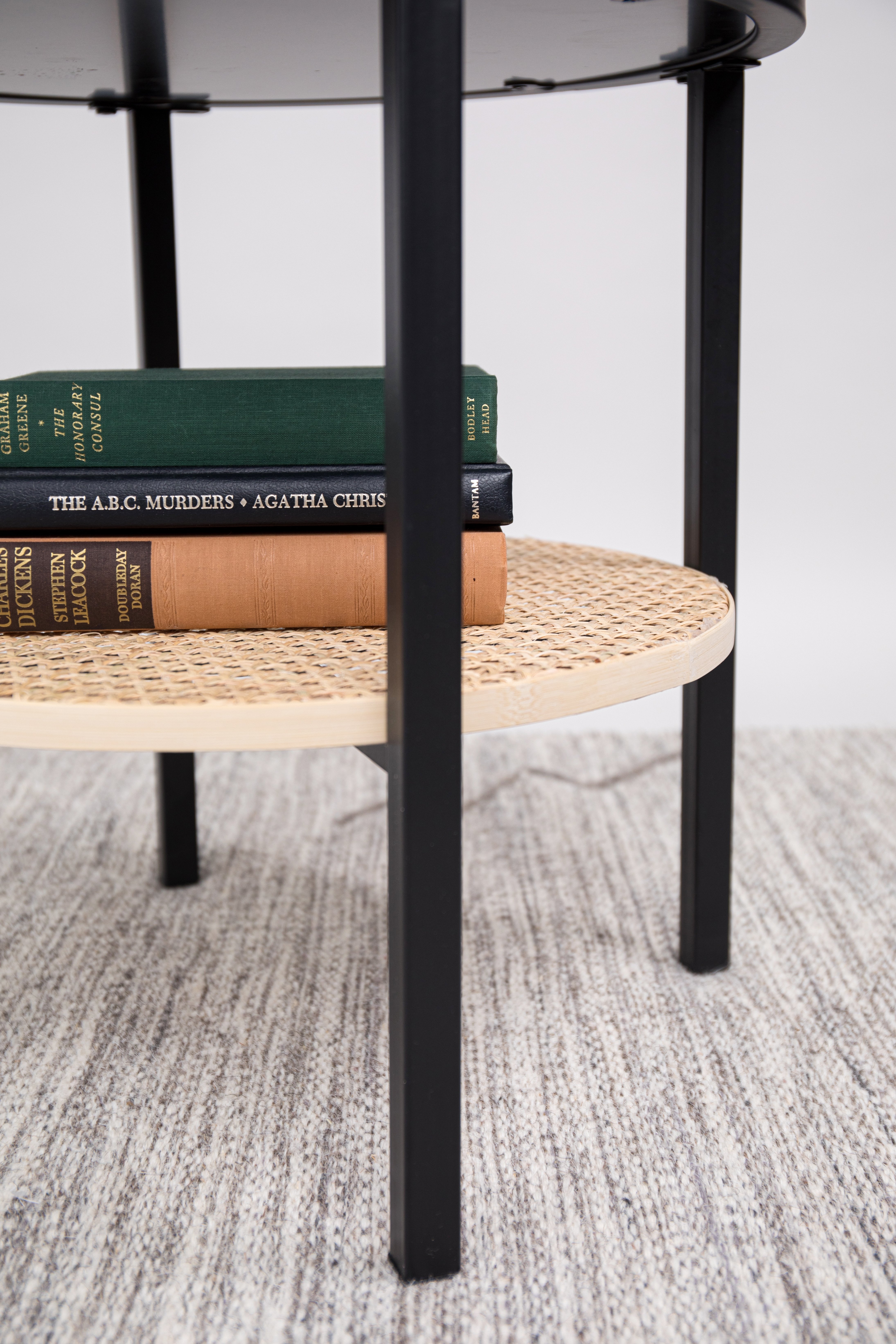 17.75" Round Metal Accent Table with Tray-Style Top & Handwoven Bamboo Shelf - Image 2