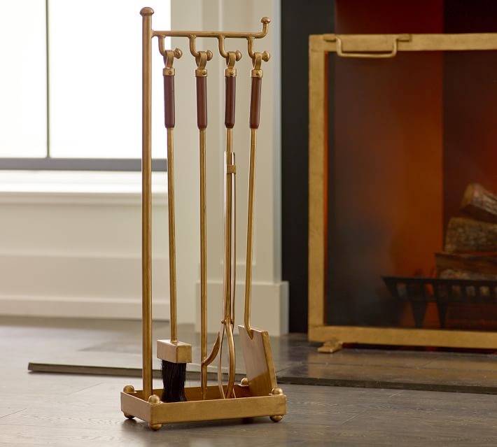 Industrial Fireplace 5-Piece Tool Set, Brass - Image 1