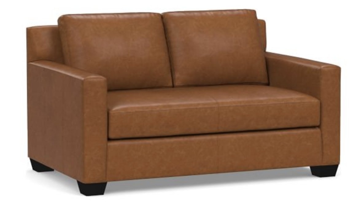 York Square Arm Leather Loveseat 60" with Bench Cushion, Polyester Wrapped Cushions, Statesville Caramel - Image 0