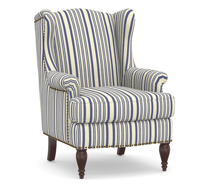 SoMa Delancey Upholstered Wingback Armchair, Polyester Wrapped Cushions, Antique Stripe Blue - Image 0