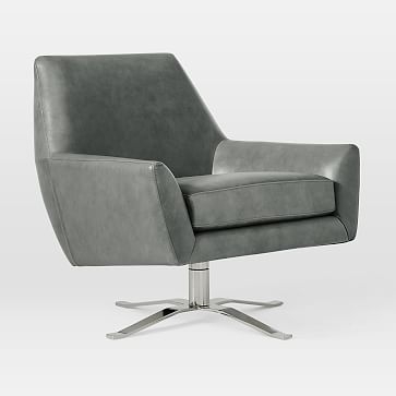 Lucas Upholstered Swivel Base Chair, Poly, Weston Leather, Molasses, Polished Nickel - Image 3