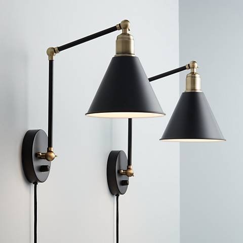 Sayner Black and Antique Brass Plug-In Wall Lamp Set of 2 - Image 1