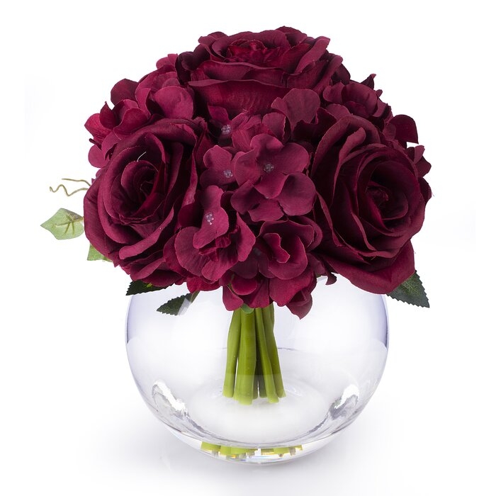 Mixed Rose and Hydrangea Floral Arrangement in Vase - Image 0