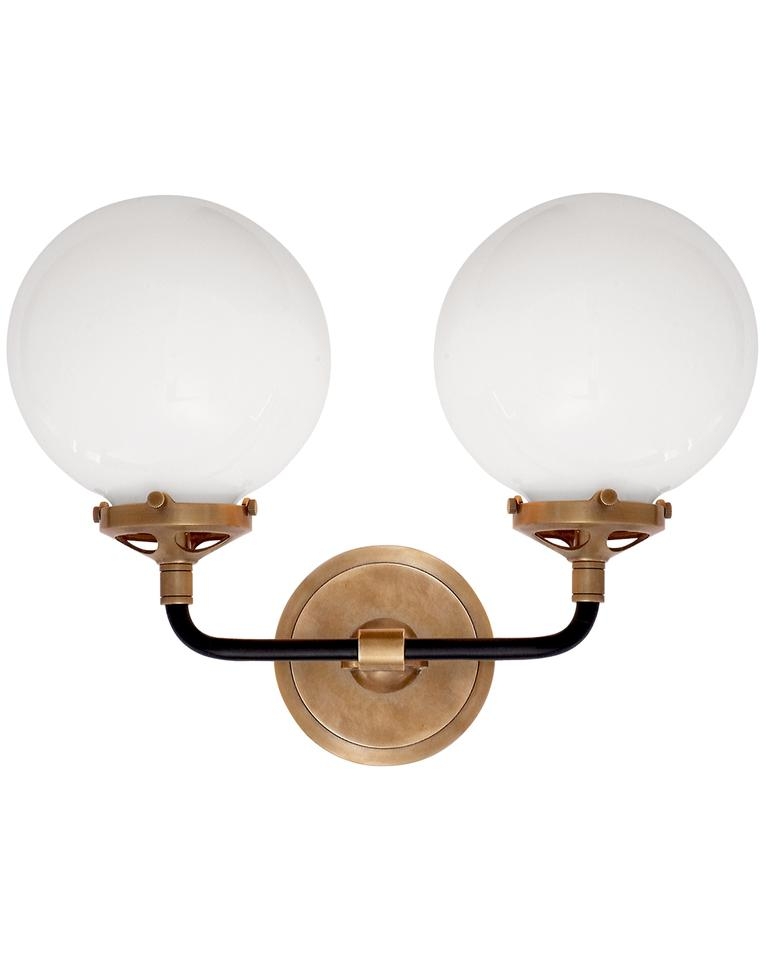 BISTRO DOUBLE SCONCE WITH WHITE GLASS SHADE - HAND-RUBBED ANTIQUE BRASS & BLACK - Image 0