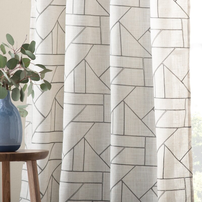 Embroidered Linen Geometric Semi-Sheer Rod Pocket Single Curtain Panel - Image 1
