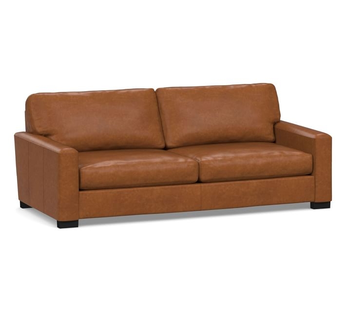 PB Comfort Square Arm Leather Sofa 78", Polyester Wrapped Cushions, Signature Maple - Image 0