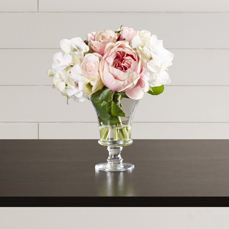 Faux Rose and Hydrangea Floral Arrangement in Pedestal Glass Vase - Image 1