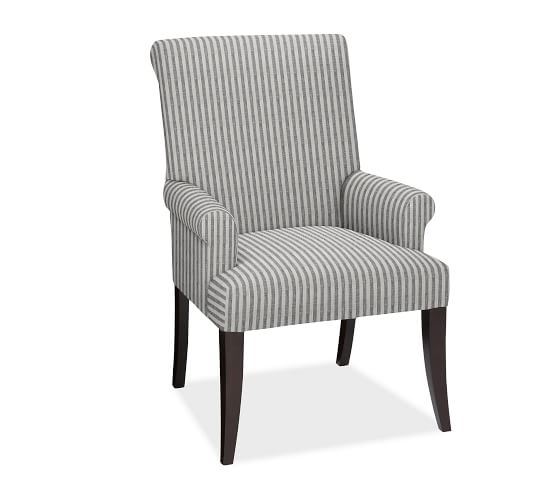 PB Comfort Roll Upholstered Dining Arm Chair, Vintage Stripe Black/Ivory - Image 0